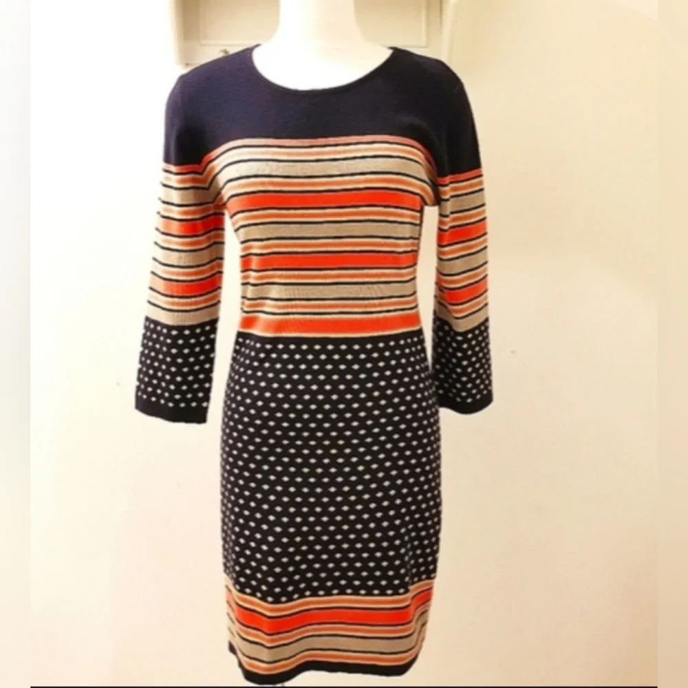 THML Navy Dot Coral & Tan Stripe ¾ Sleeve Crewneck Dress Sz M